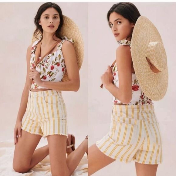 Pilcro women's cotton yello cream striped distressed high - rise shorts Size 28